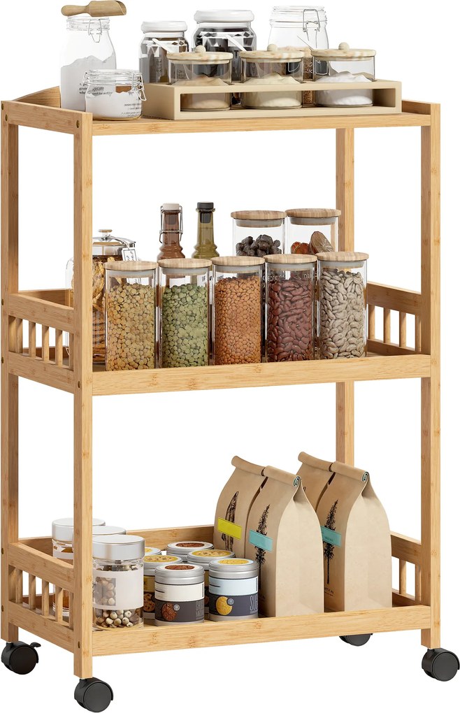 HOMCOM Cărucior de bucătărie cu 3 nivele, căruț de servire cu spațiu de depozitare, raft de bucătărie pe roți, pentru bucătărie baie birou lemn natural | Aosom Romania