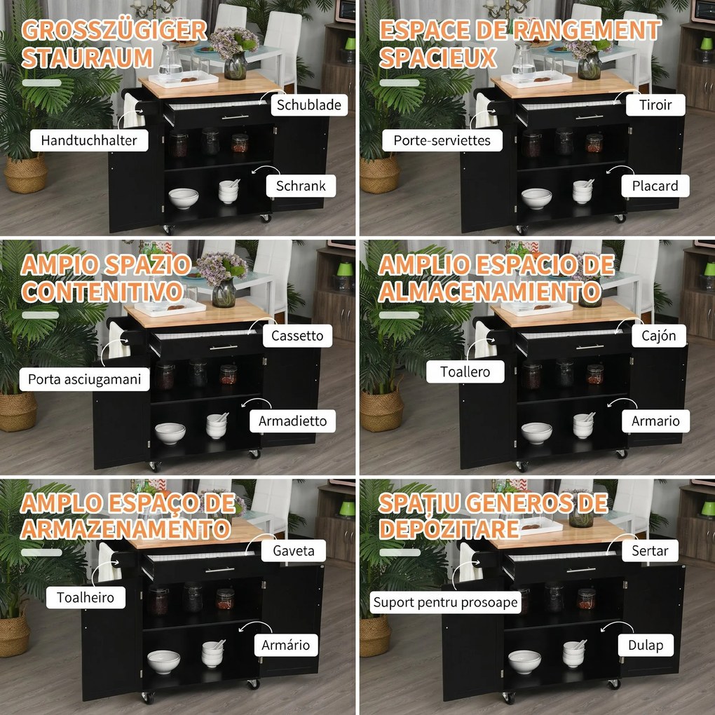HOMCOM Cărucior de Bucătărie cu Sertar și Dulap cu 2 Uși, Insulă de Bucătărie cu roți și bară laterală, 83x45x91.5 cm, Negru | Aosom Romania