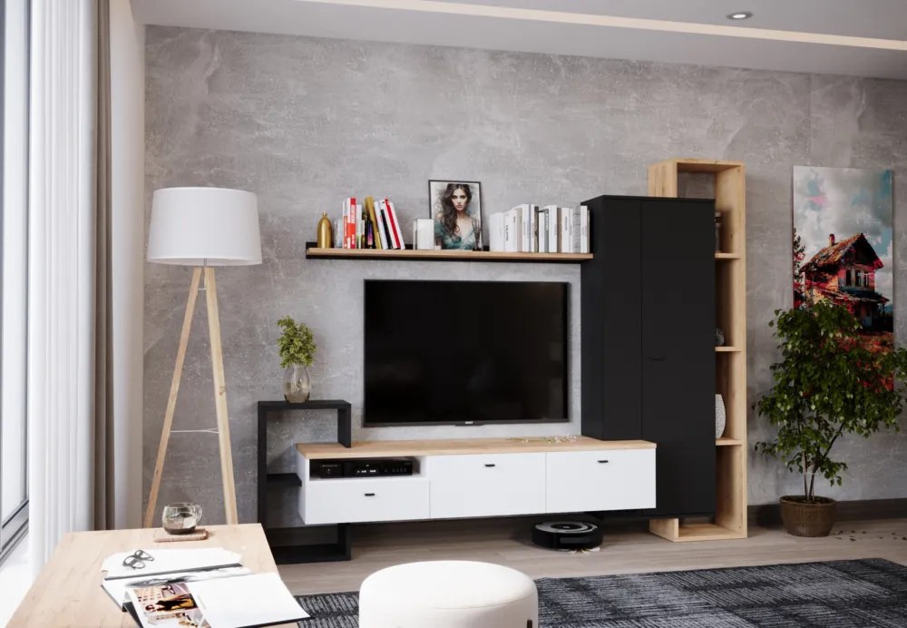 Mobilier de perete living, negru/alb/stejar craft auriu, DENISO