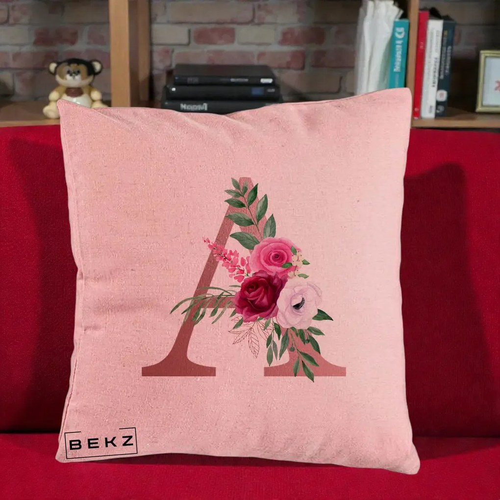 Cadou Personalizat - Perna Personalizata Monograma Rose Gold Litera A, 40x40 cm, Roz, Husa Detasabila, Perna Inclusa, BEKZ®