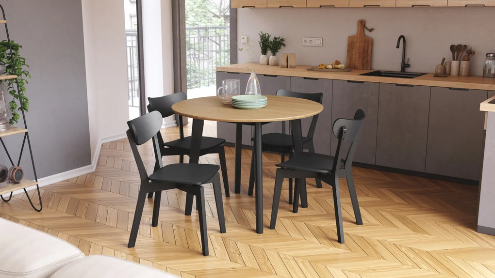 MAZZONI EXPORT ROXY Stejar natural/cadru negru - MASĂ ROTUNDĂ DE LEMN PENTRU BUCĂTĂRIE/SUFRAGERIE RETRO