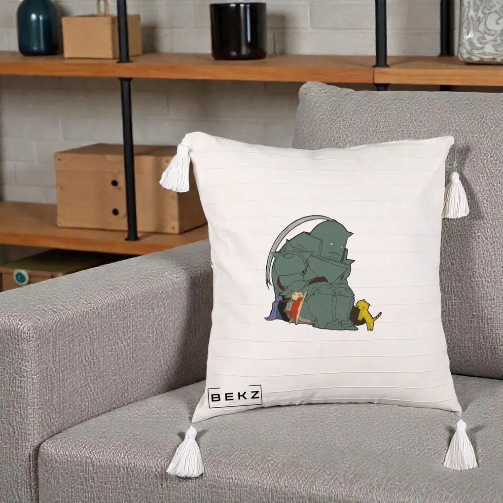 Perna Personalizata Fullmetal Alchemist Alphonse cu Pisici, 40x40 cm, Bej cu Franjuri, Husa Detasabila, Perna Inclusa, BEKZ®