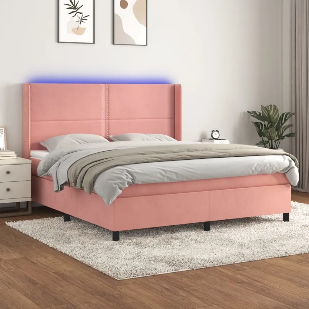 vidaXL Pat cu arcuri, saltea &amp; LED, roz, 180x200 cm, catifea