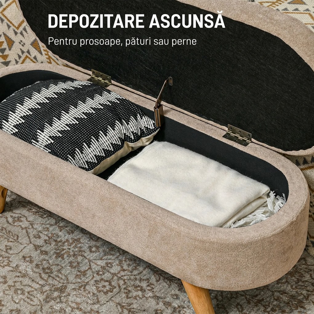 HOMCOM Bancă cu Spațiu de Depozitare Ascuns, Bancă Tapițată cu Picioare din Lemn și Poliester, 110x40x43 cm, Bej | Aosom Romania