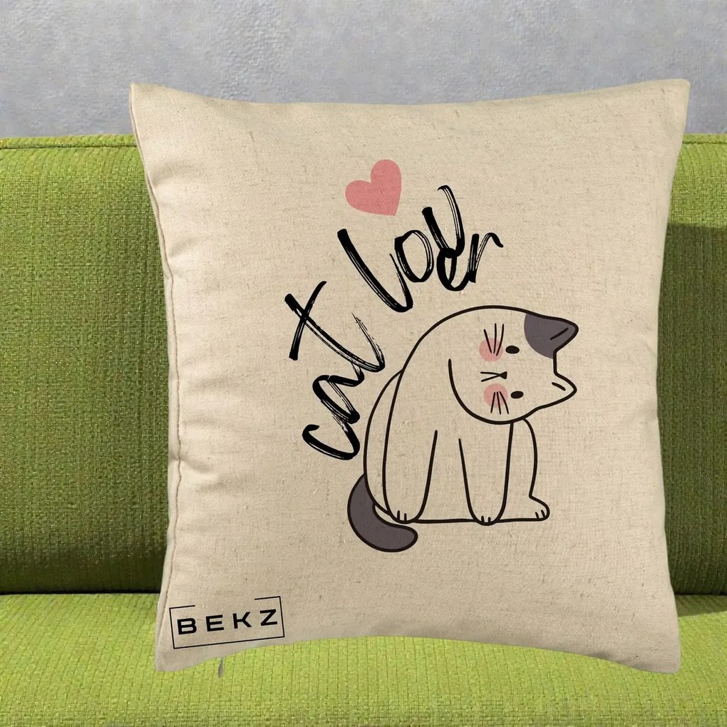 Perna Personalizata Cat Lover Pisica Ilustratie Linie, 40x40 cm, Bej, Husa Detasabila, Perna Inclusa, BEKZ®