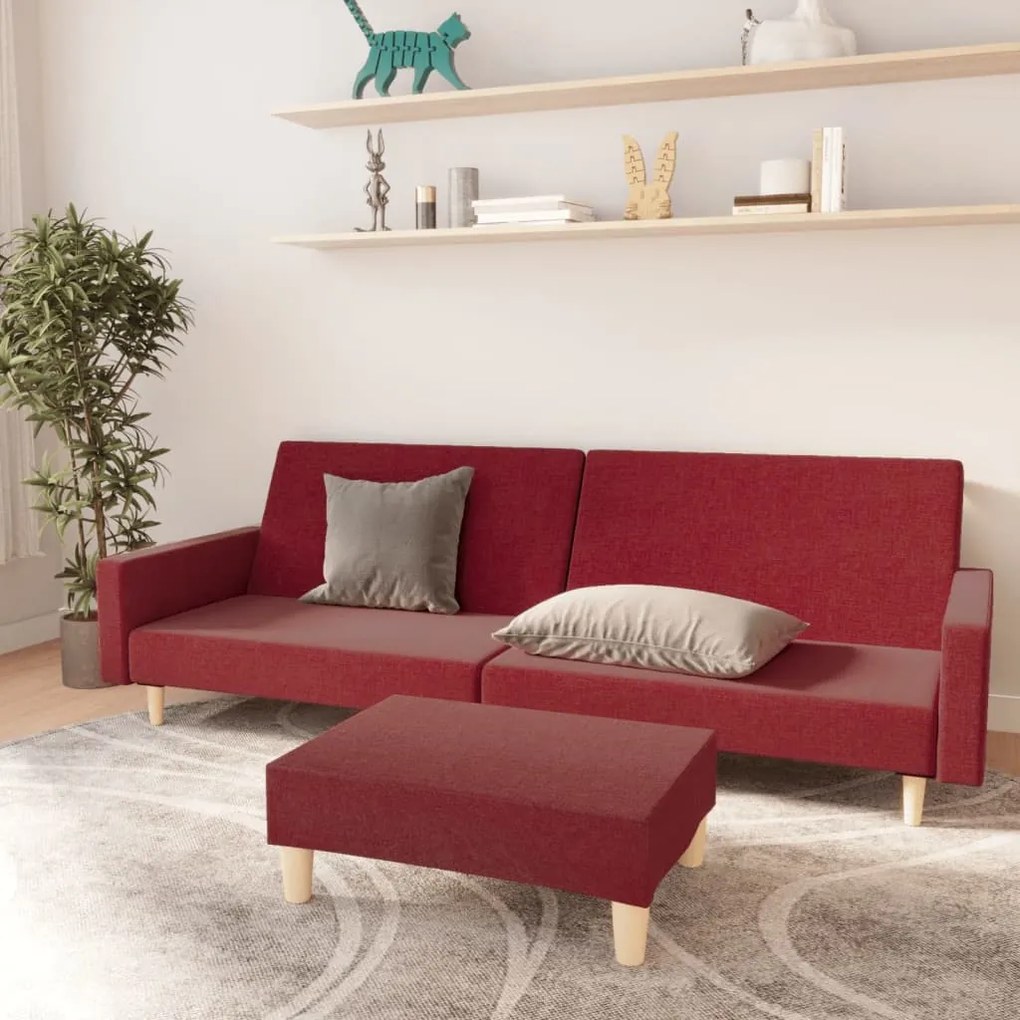 Canapea extensibilă cu 2 locuri şi taburet, roșu vin, textil