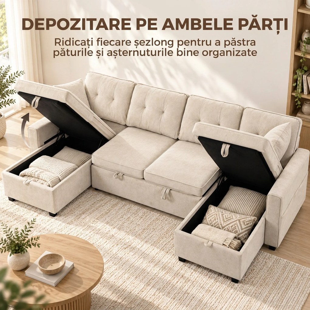 HOMCOM Colțar extensibil mare în formă de U, cu 2 șezlonguri, spații de depozitare și 2 perne, din șenilă, bej | Aosom Romania
