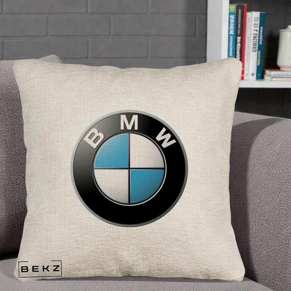 Perna Personalizata cu emblema BMW, 40x40 cm, Bej Canapea, Husa Detasabila, Perna Inclusa, BEKZ®