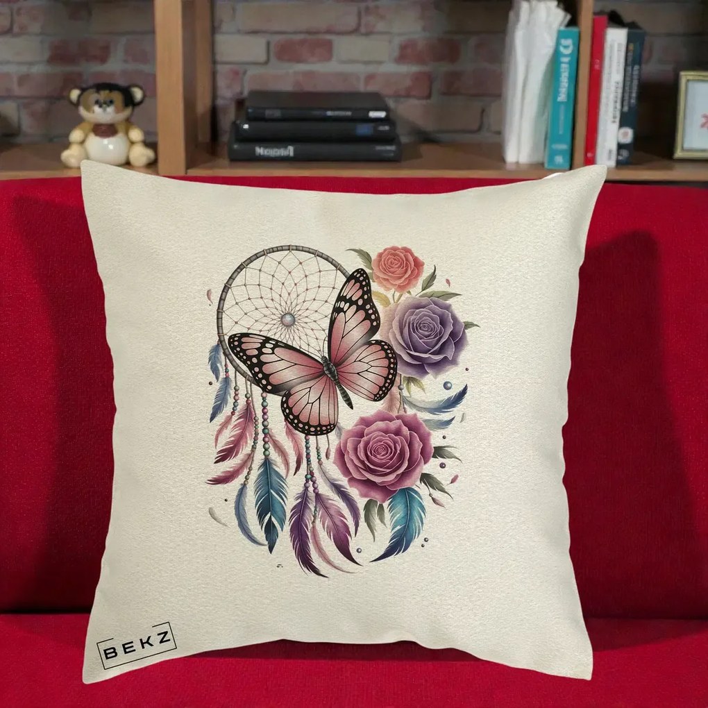 Perna Personalizata Prinzator de Vise cu Fluture si Trandafiri, 40x40 cm, Ecru, Husa Detasabila, Perna Inclusa, BEKZ®
