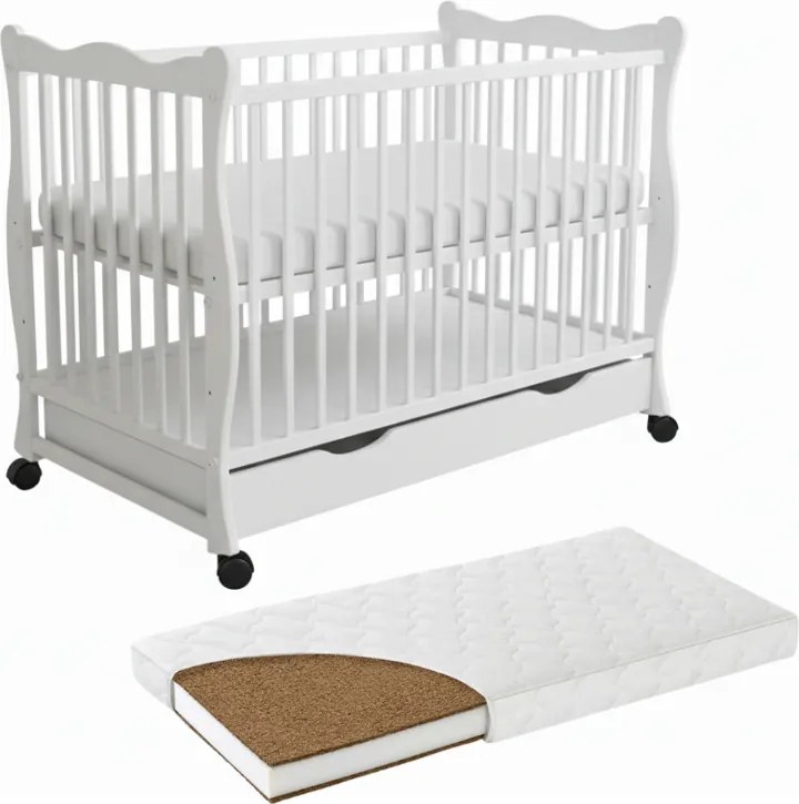 RESIGILAT Patut din lemn masiv cu sertar, capac si roti 120x60 cm Kidizi Isla alb si saltea cocos LUX 120x60x9 cm,reglabil pe 3 nivele, certificat EN71