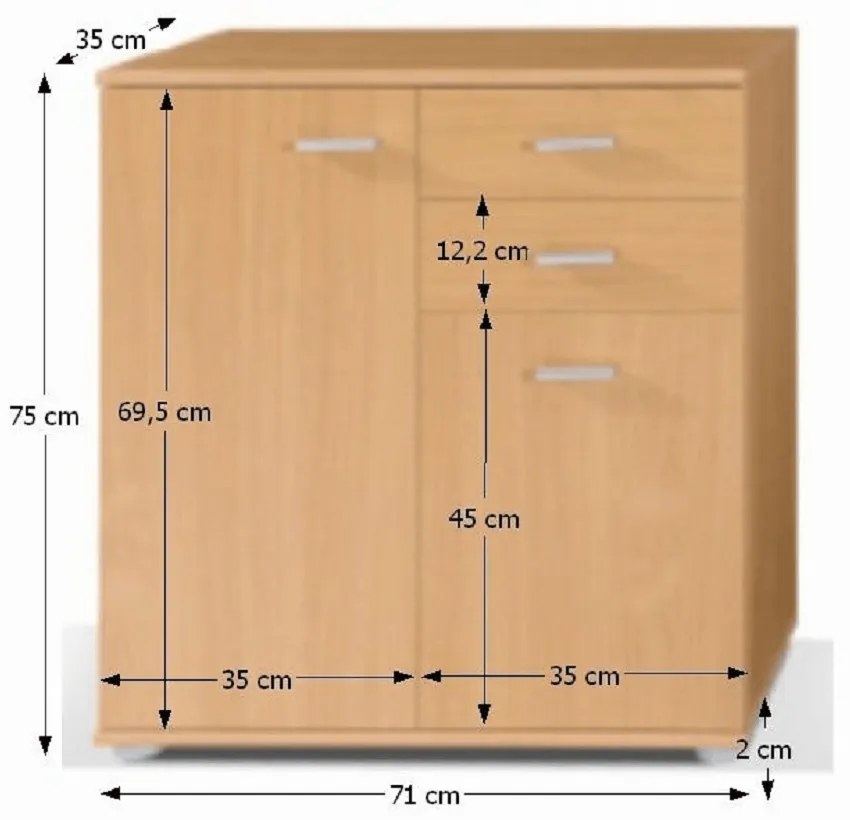 Comoda cu 2 usi si 2 sertare, 71 cm lungime, fag ,Bortis Impex fag maro deschis