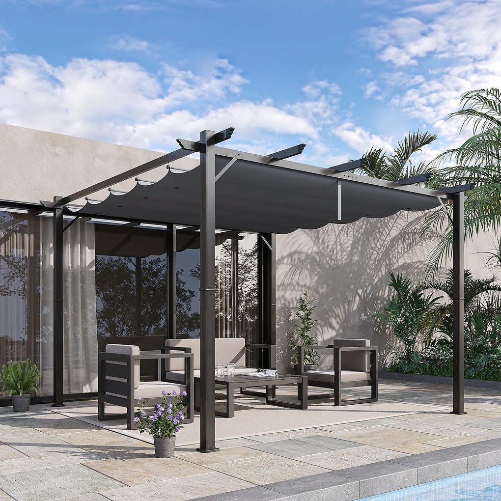 Pergolă pavilion Outsunny cu acoperiș culisant pentru terasă de grădină Alu Gri cărbune+Gri închis 3x3x2,23 m | Aosom Romania