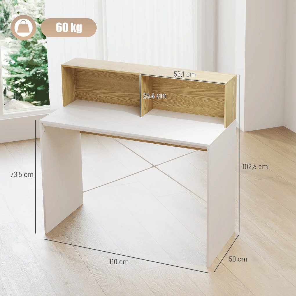 HOMCOM Birou cu depozitare 110 x 50 cm, 2 compartimente deschise și raft de depozitare, alb și natural | Aosom Romania