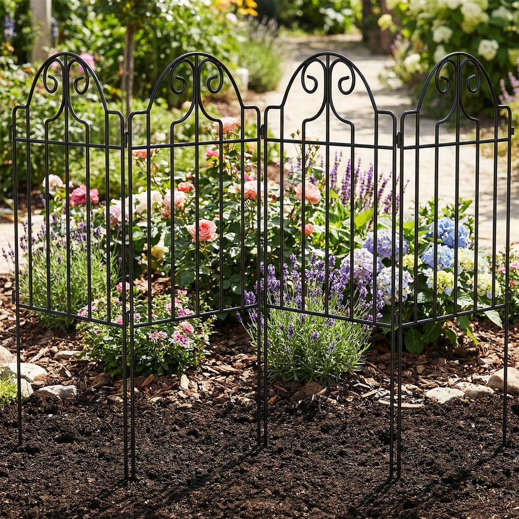 Outsunny Set cu 4 garduri metalice de grădină 125x57 cm cu design arcuit, rezistente, ușor de montat pentru patio, gazon, negru | Aosom Romania