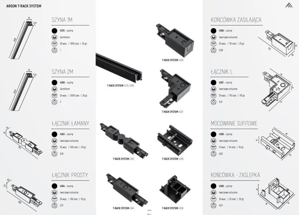 Spot pe sina TORELLO negru / Accesoriu pentru sinele trifazate ARGON T-RACK