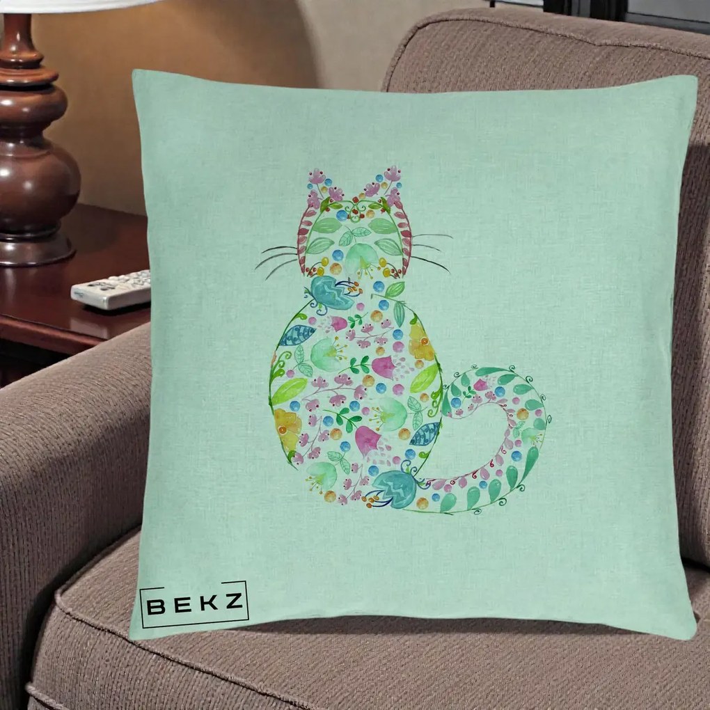 Perna Decorativa Pisica Florala Acuarela, 40x40 cm, Verde Menta, Husa Detasabila, Perna Inclusa, BEKZ®