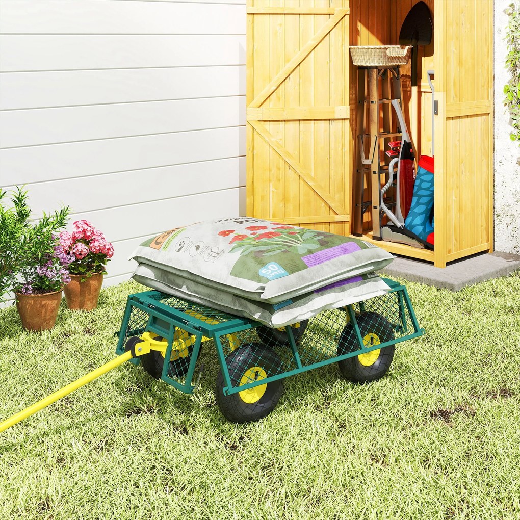 Outsunny Cărucior de Grădină Robust, Remorcă din Oțel cu Pereți Laterali Detașabili, Convertibil în Platformă, Roți de 25cm, Mâner Rotativ la 180°, Capacitate 200 kg, pentru Plajă, Peluză și Grădină, Verde | Aosom Romania