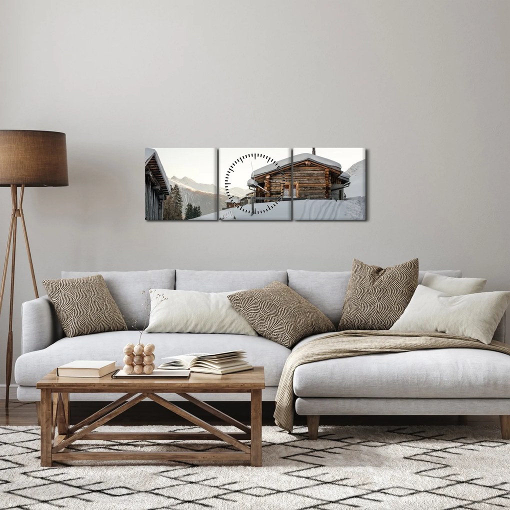 Tablou - cabana montană în zăpadă (cu ceas) (90x30 cm)