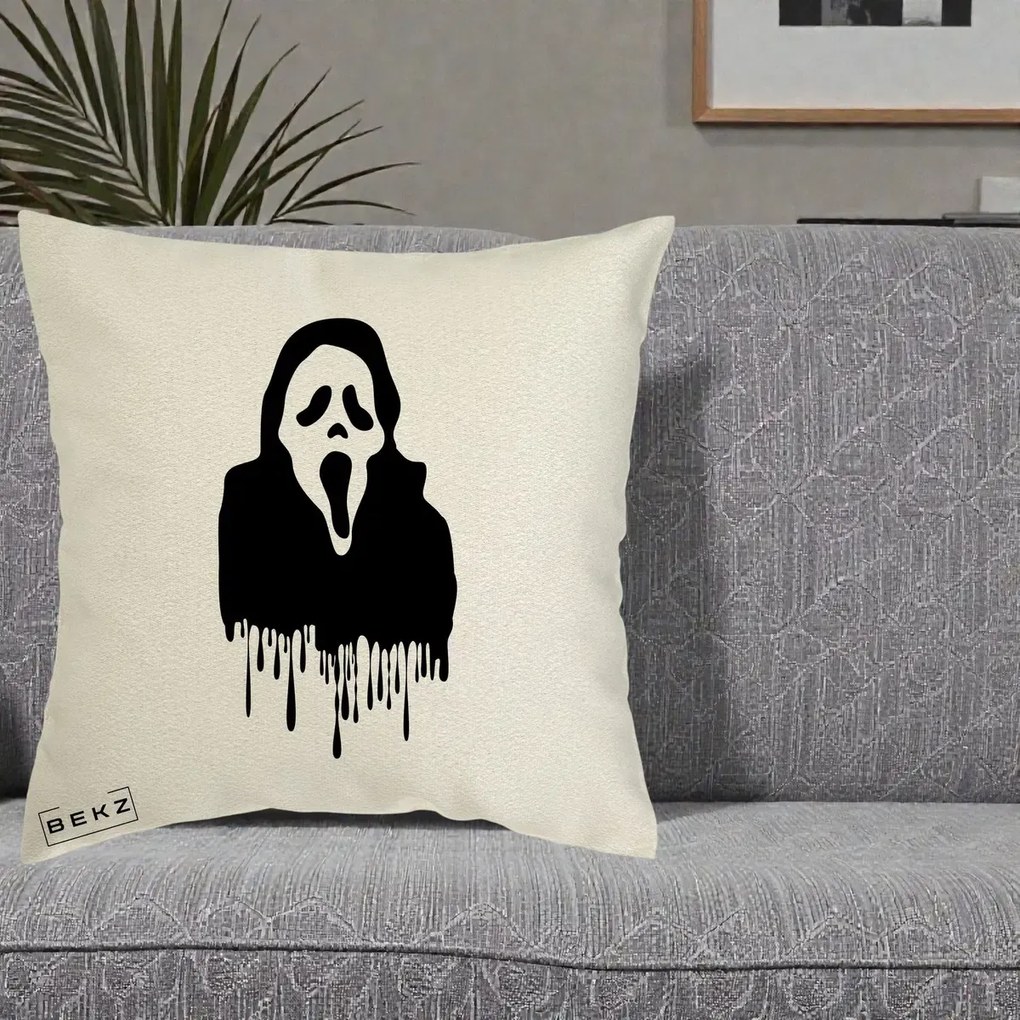 Perna Personalizata Halloween Ghostface Scream Picurand, 40x40 cm, Ecru, Husa Detasabila, Perna Inclusa, BEKZ®