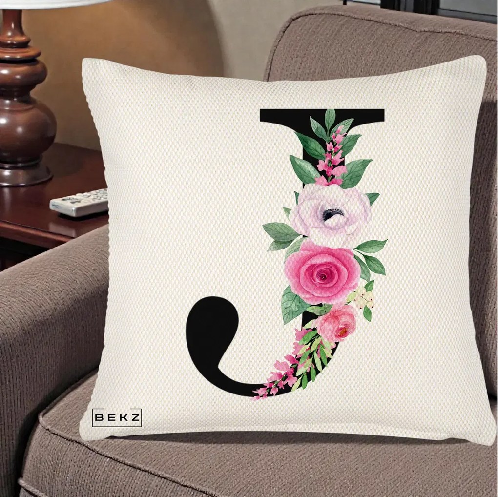 Cadou Personalizat - Perna Personalizata Monograma Florala Litera J, 40x40 cm, Crem Reliefat, Husa Detasabila, Perna Inclusa, BEKZ®