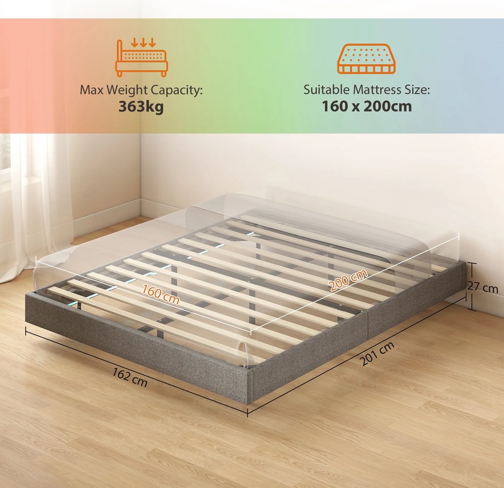 HOMCOM Somier 160x200 cm cu Lumini LED Structură de Pat Tapițerie tip in Lamele din Lemn Ușor de Montat Gri | Aosom Romania