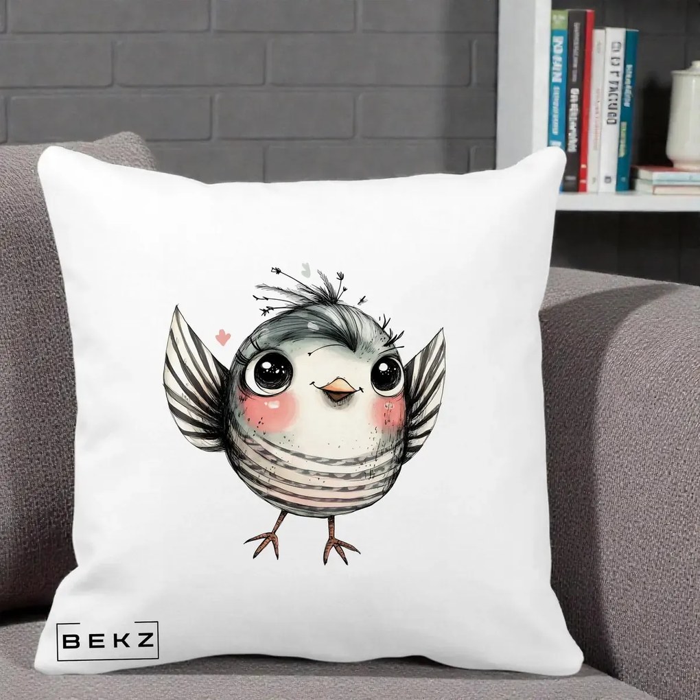 Perna Decorativa Pasare Gri cu Aripi si Inimioare, 40x40 cm, Alba Mata, Husa Detasabila, Perna Inclusa, BEKZ®