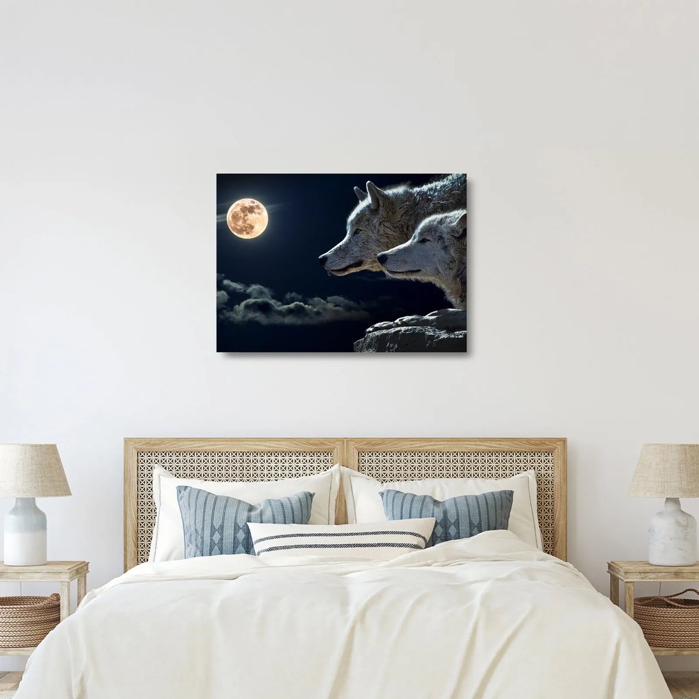 Tablou pe sticlă cu lupi în lună (70x50 cm)