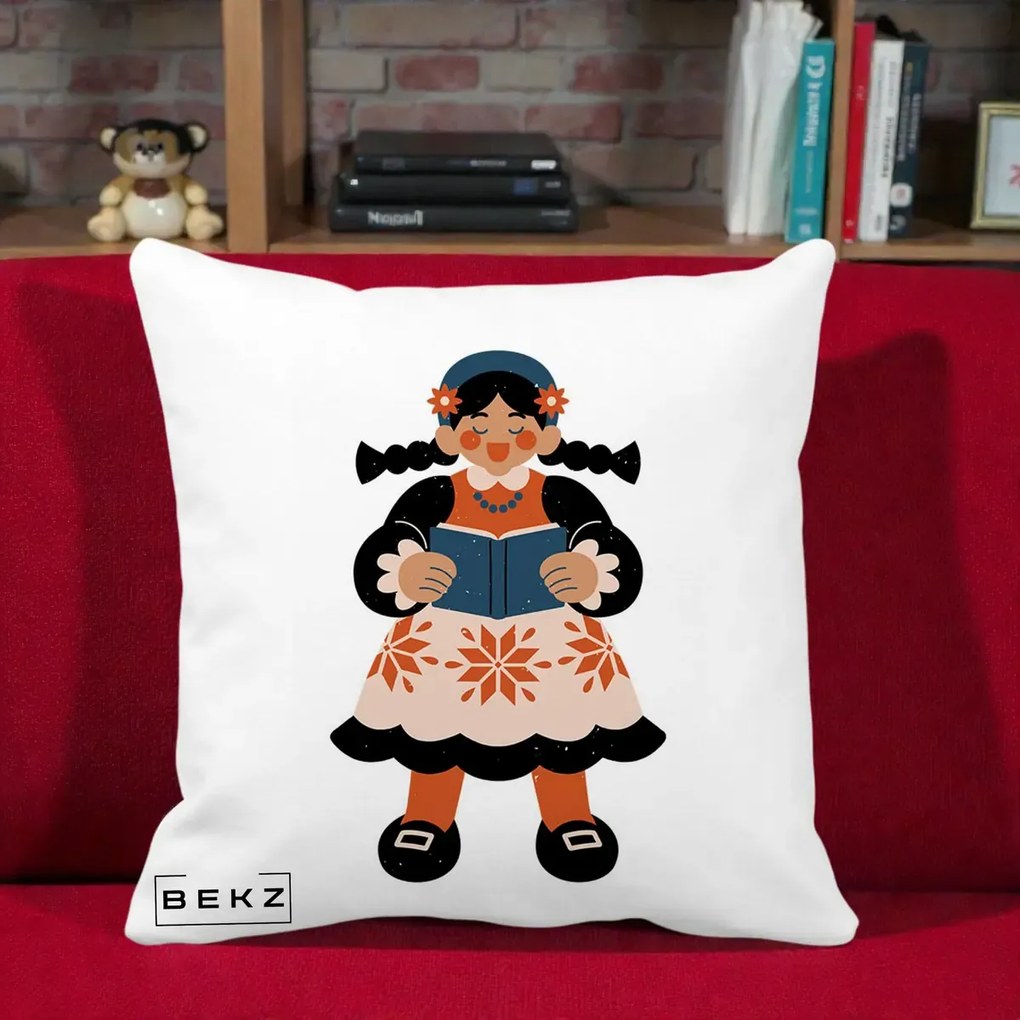 Perna Personalizata Fetita cu Carte Ilustratie Folk, 40x40 cm, Alba Mata, Husa Detasabila, Perna Inclusa, BEKZ®