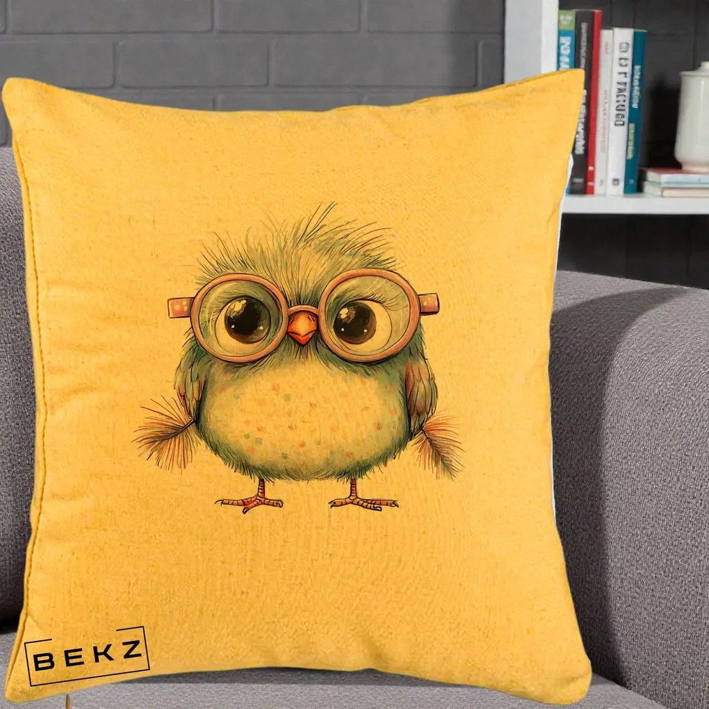 Perna Decorativa Pui Pufos cu Ochelari Roz, 40x40 cm, Galben, Husa Detasabila, Perna Inclusa, BEKZ®