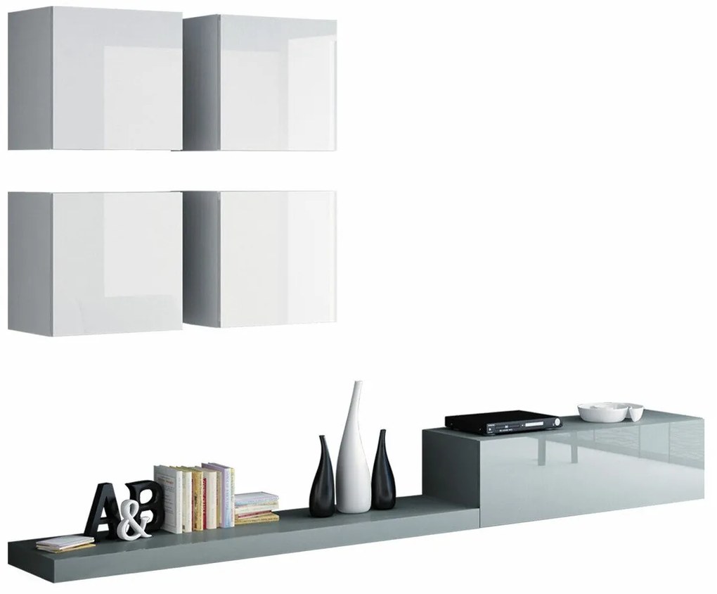 Camera de zi Charlotte 110Gri, Gri lucios, Alb, Alb lucios, Părți separate, Cu comodă tv, PAL laminat, 300x42cm, 82 kg