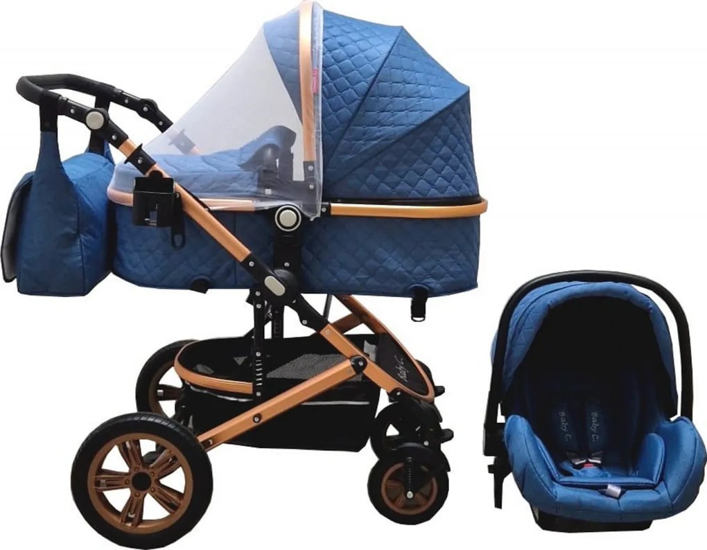 Carucior nou nascuti 3 in 1 Baby Care™ PRO 530, Cu geanta bebe, Cadru Aluminiu , Amortizoare, Roti din cauciuc plin AVE, Landou, Scoica auto, Spatar