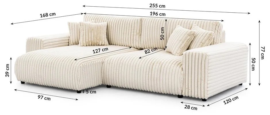 Colțar crem extensibil, cu spațiu de depozitare, cu tapițerie din catifea reiată (cu colț pe partea stângă) Sarina – Ropez