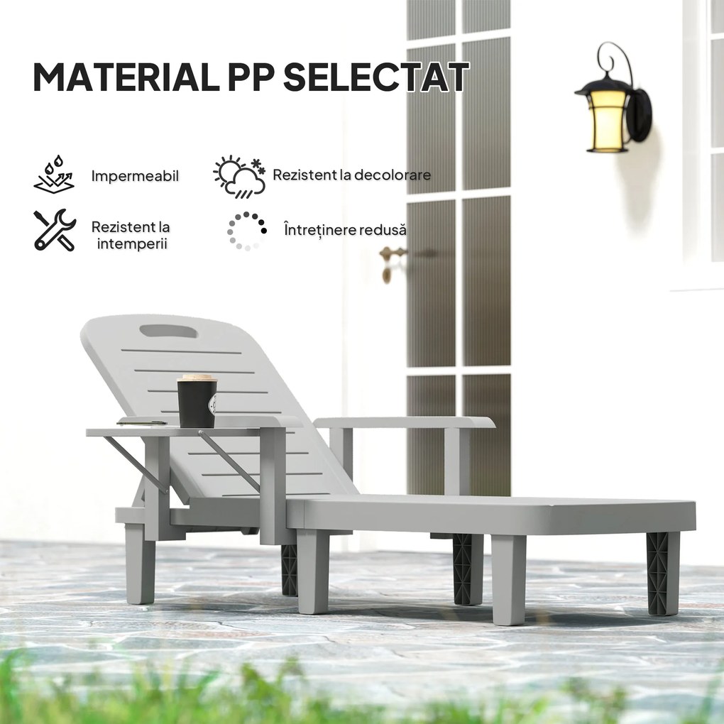 Outsunny Set 2 Șezlonguri cu Spătar Reglabil în 5 Poziții, Măsuță și Brațe Ergonomice, 79x158x88 cm, Gri | Aosom Romania