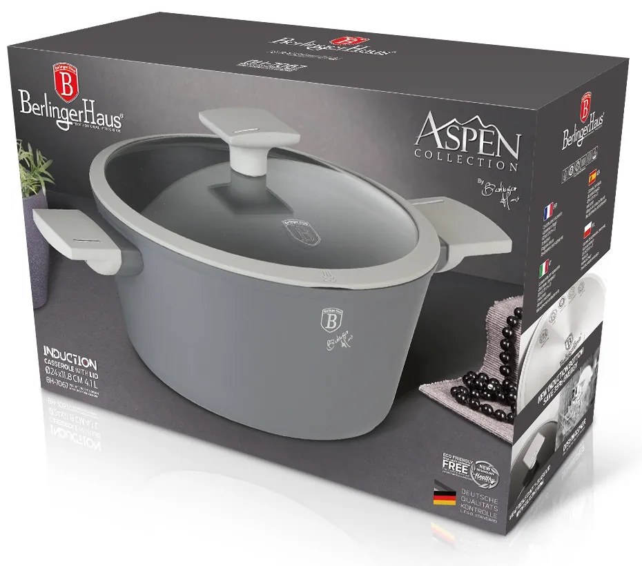 Oală cu capac 24 cm, 4.5 L Berlinger Haus BH 8260, Aspen Collection, antiaderentă cu strat de titan, compatibilă cu inducție
