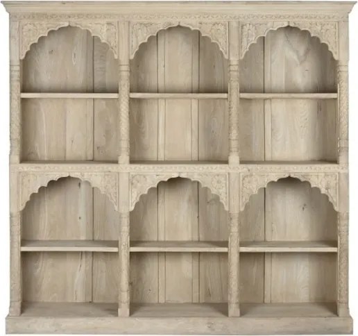 Bibliotecă living natur din lemn masiv, cu 6 rafturi și 6 nișe, 196 x 204 x 38 cm, „Navaratna”