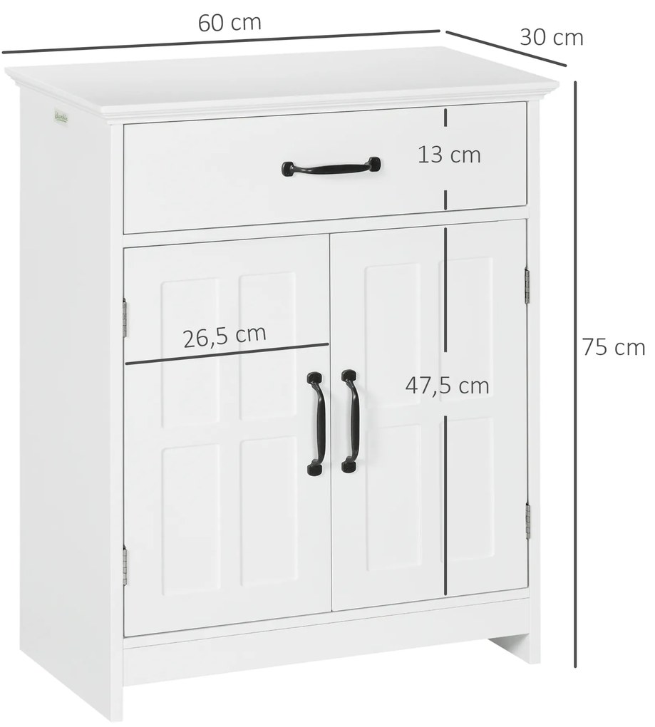 kleankin Mobilier baie, dulap baie pe picior cu două uși, sertar și raft reglabil, 60x30x75 cm, alb | Aosom Romania