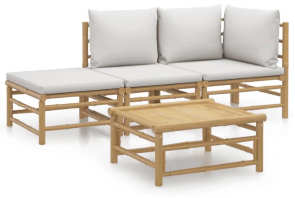3155080 vidaXL Set mobilier de grădină cu perne gri deschis, 4 piese, bambus