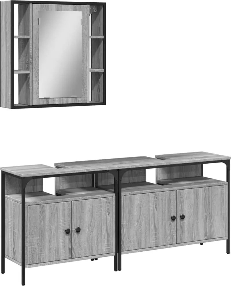 vidaXL Set dulapuri de baie, 3 piese, gri sonoma, lemn prelucrat