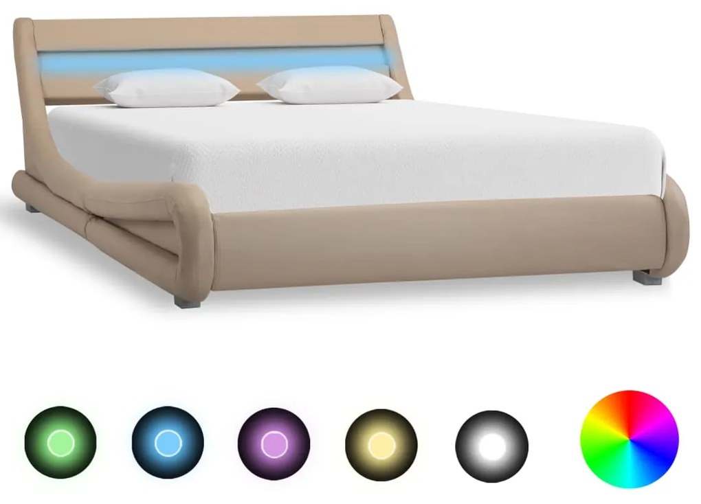 285747 vidaXL Cadru de pat cu LED, cappuccino, 140 x 200 cm, piele ecologică