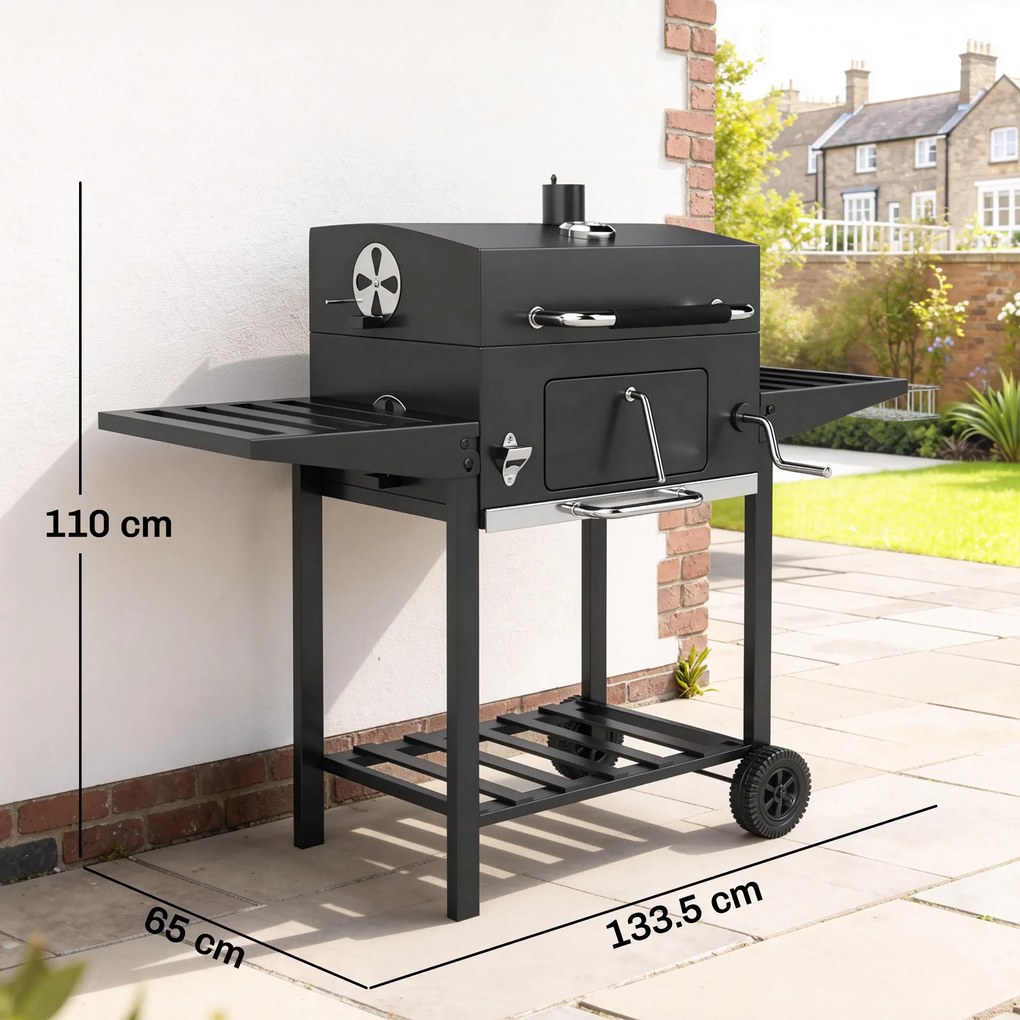 Outsunny grătar pe cărbune, grilă reglabilă, rafturi rabatabile, termometru. | Aosom Romania