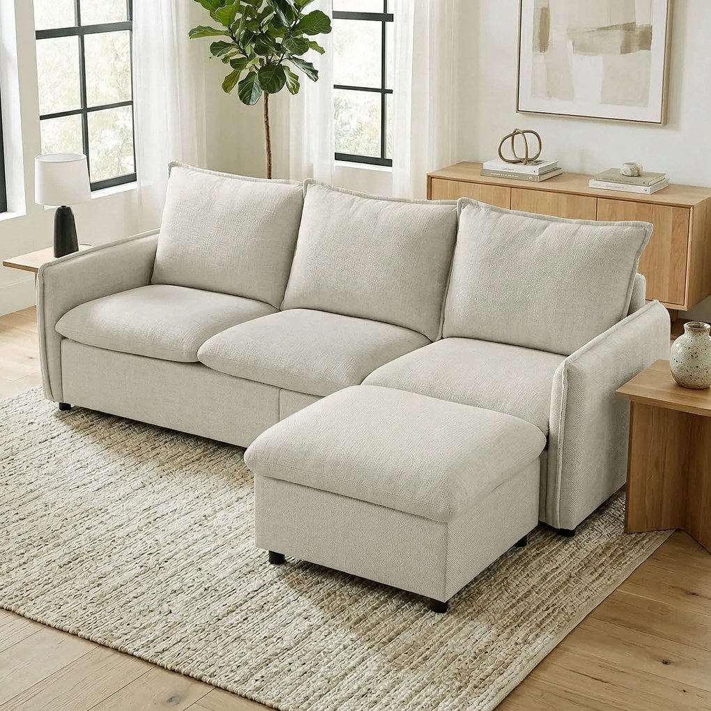 HOMCOM Canapea 3 locuri cu pouf de depozitare, canapea colțar modulară 212 cm, perne cu arcuri, țesătură din in, crem | Aosom Romania