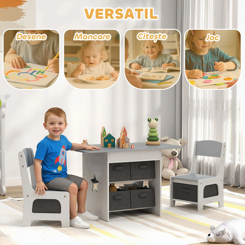 AIYAPLAY Set masă și scaune pentru copii cu 6 sertare detașabile, gri deschis | Aosom Romania