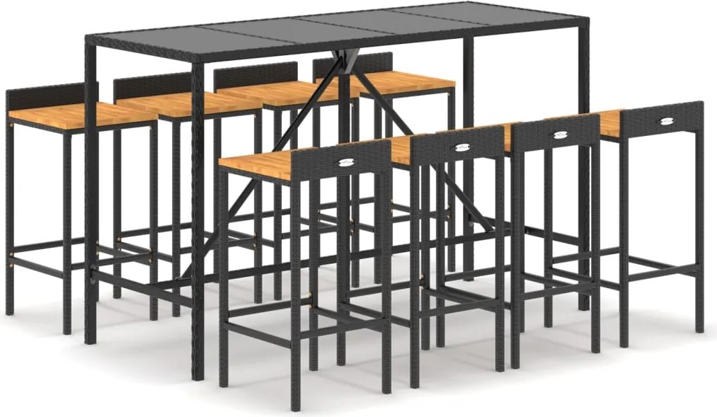 vidaXL Set bar pentru grădină, 9 piese, negru, poliratan/lemn acacia