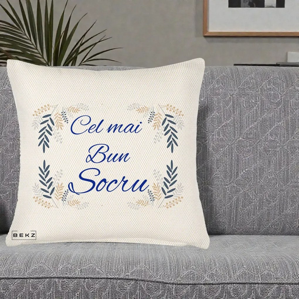 Cadou pentru Socru - Perna Personalizata Cel mai Bun Socru cu Ramuri Frunze Albastre si Aurii, 40x40 cm, Crem Reliefat, Husa Detasabila, Perna Inclusa, BEKZ®