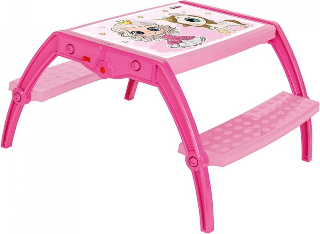 Masuta copii din plastic aditivat cu doua bancute Novokids™ Study Table, dimensiuni 95X78X49 cm, Suprafata lucioasa, Model Printesa cu Unicorn, Roz