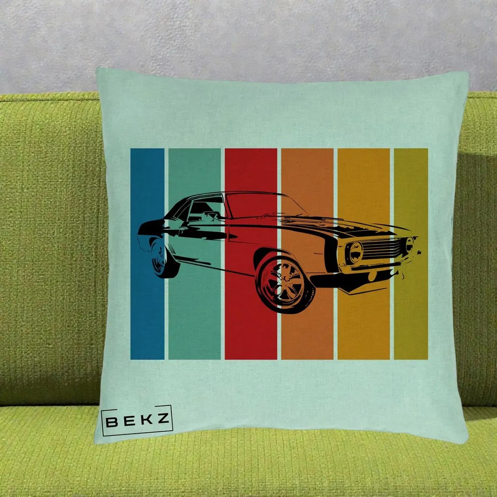 Perna Personalizata Masina Retro Muscle Car Grafic, 40x40 cm, Verde Menta, Husa Detasabila, Perna Inclusa, BEKZ®