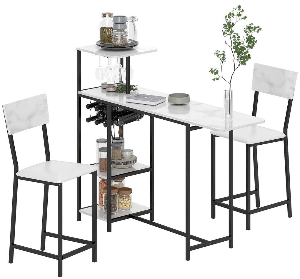 HOMCOM Set de masă de bar cu taburete, abatere pliabilă, casete pentru vin, suport pahare, rafturi și suporturi pentru picioare, alb | Aosom Romania