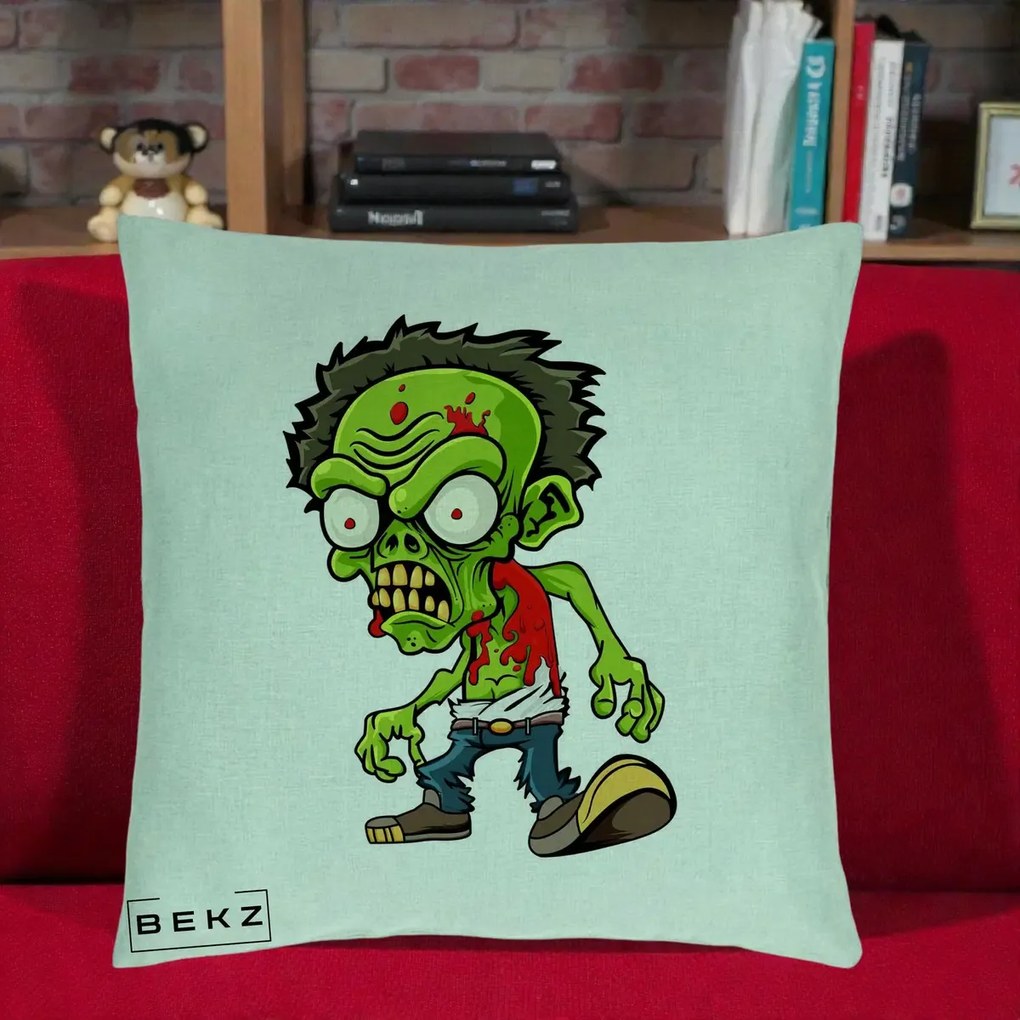 Perna Decorativa Zombie Halloween, 40x40 cm, Verde Menta, Husa Detasabila, Perna Inclusa, BEKZ®