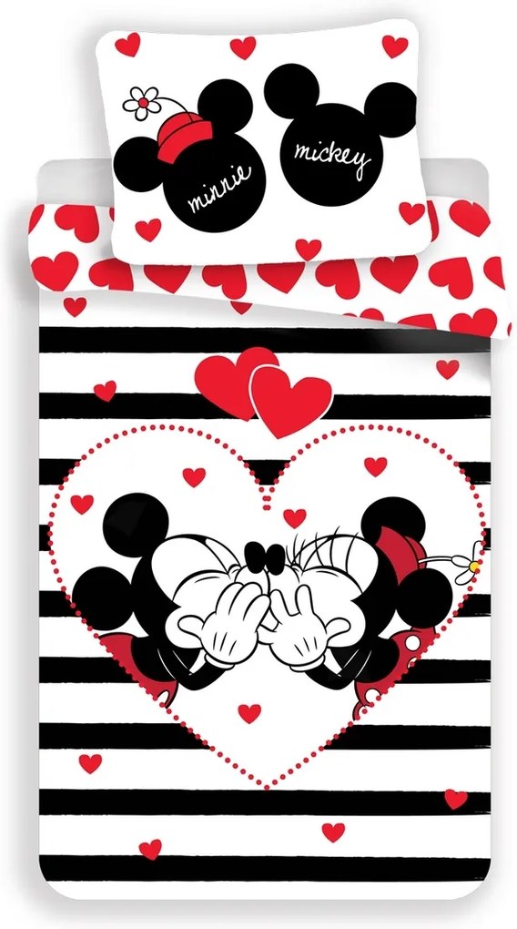 Lenjerie bumbac Jerry Fabrics Mickey și Minnie Stripes, , din bumbac 140 x 200 cm, 70 x 90 cm