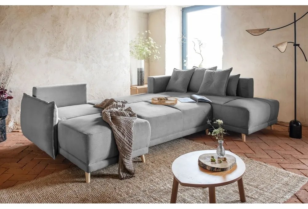Colțar gri extensibil cu tapițerie din catifea reiată (colț dreapta/în formă de "U") Lazy Lukka – Miuform